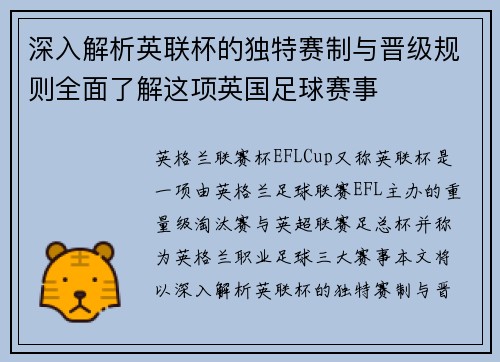深入解析英联杯的独特赛制与晋级规则全面了解这项英国足球赛事